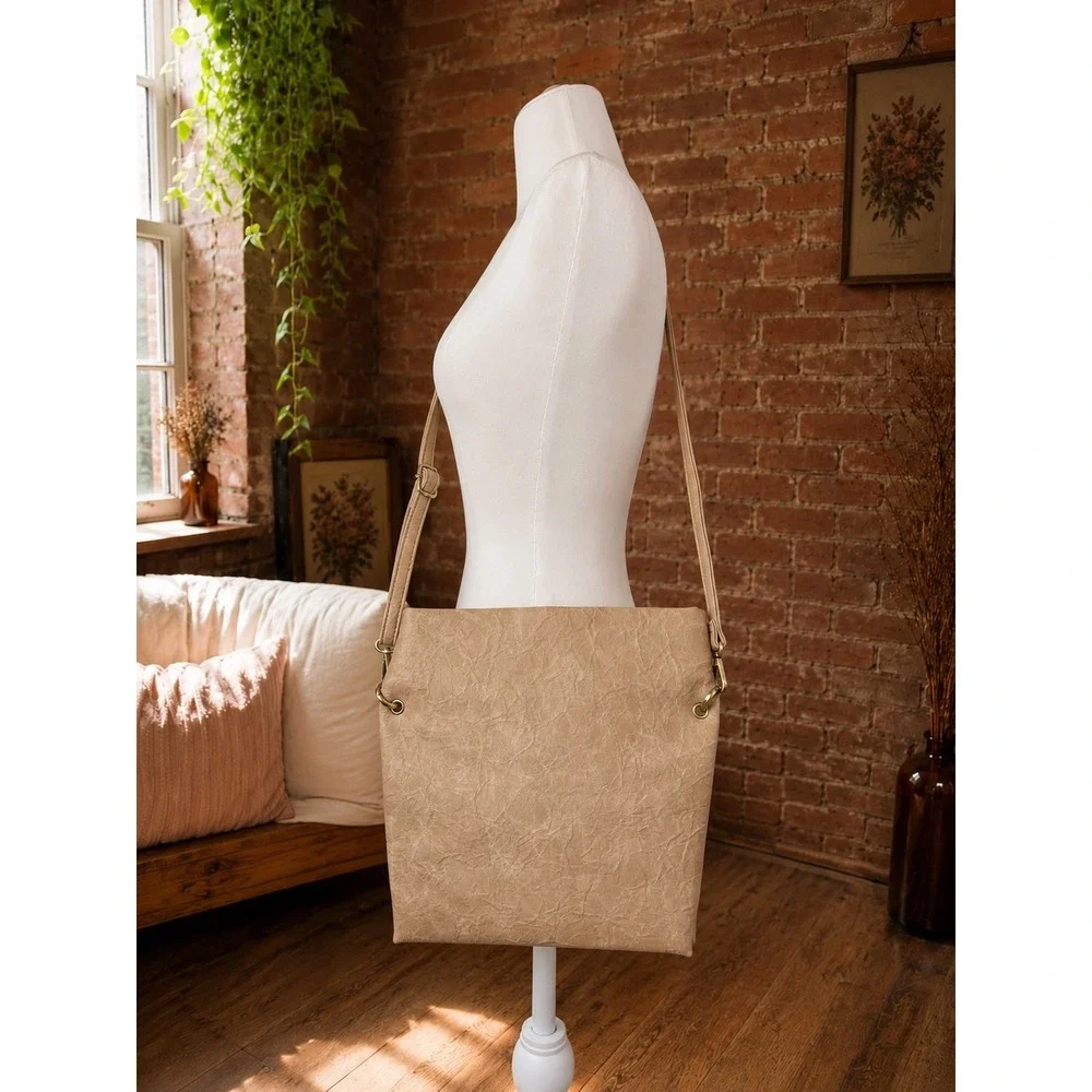 Anthropologie Tan Crossbody Bag Neutral Boho Faux Leather Chic Preppy Minimalist
